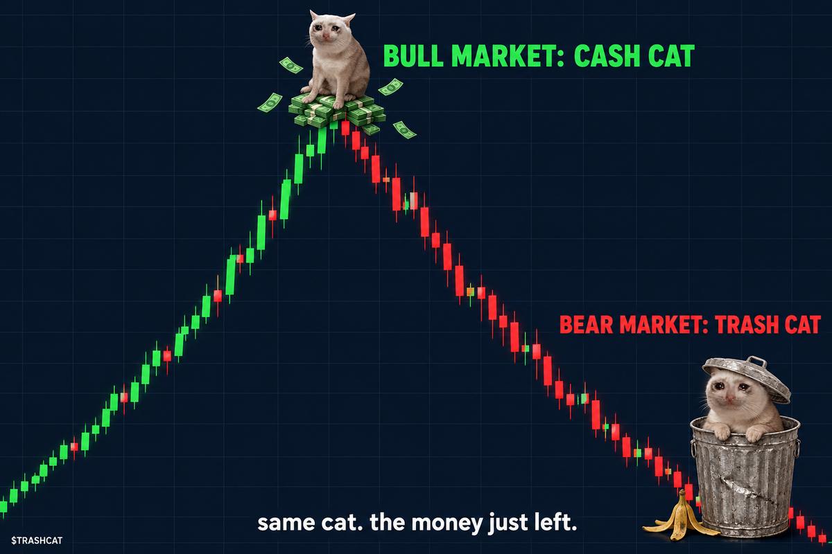 A candlestick chart. At the top, a crying cat sits on cash, labeled 'Bull market: cash cat'. At the bottom, the same cat sits in a trash can, labeled 'Bear market: trash cat'. Caption: same cat. the money just left.