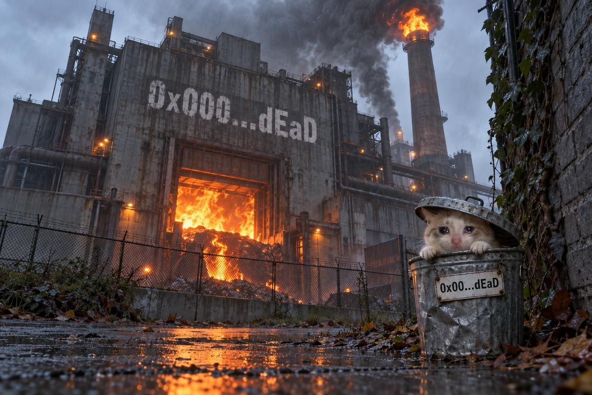 A burning incinerator plant labeled 0x000...dEaD. Next to it, a crying cat peeks out of a trash can with a sign reading 0x00...dEaD.